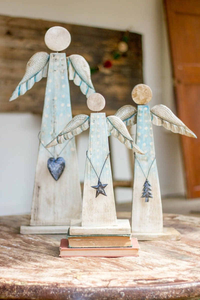 Set Of Three Painted Recycled Wood Angels On Stand