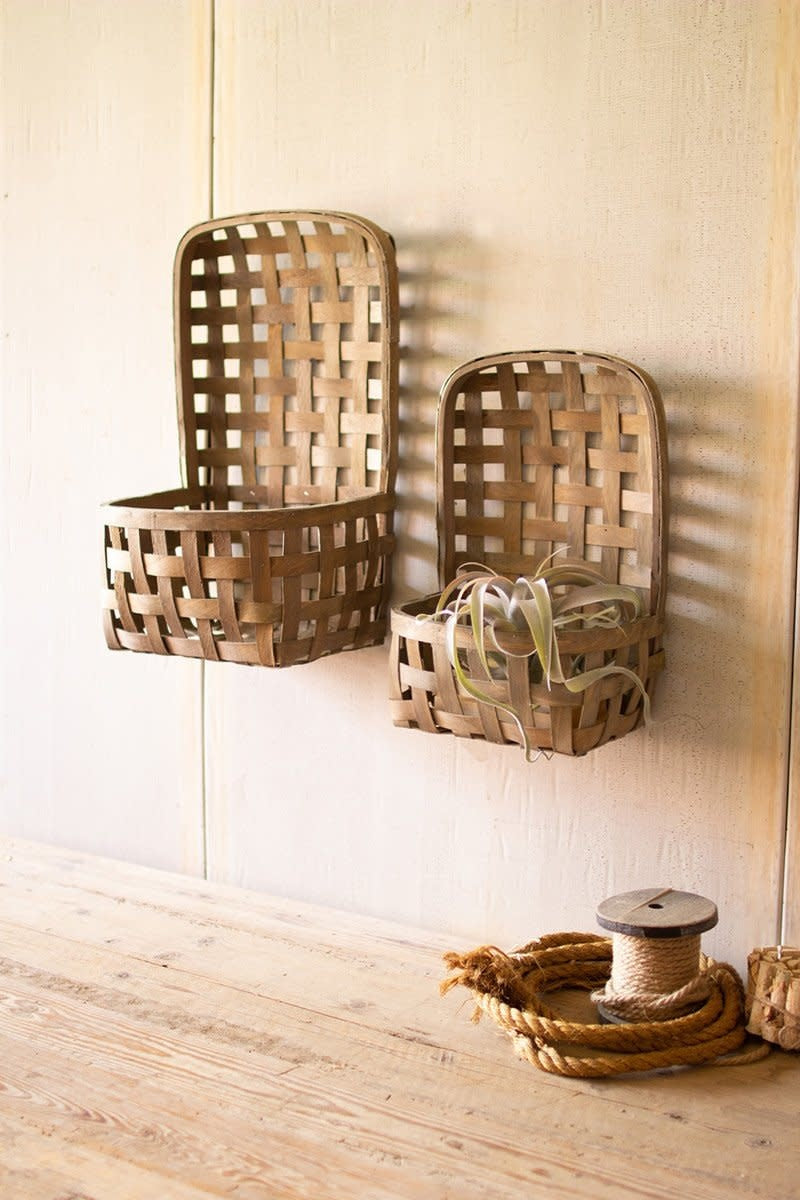 Set Of Two Rustic Hanging Split Wood Baskets With Pocket