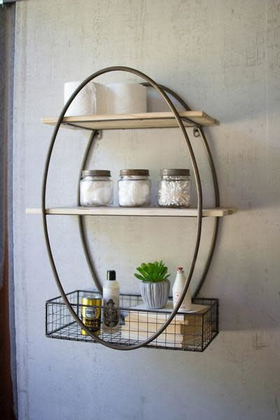 Tall Oval Metal Framed Wall Unit With Recycled Wood Shelves