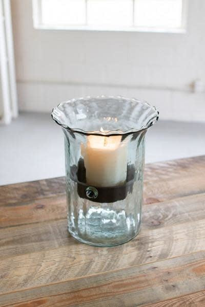 Ribbed Glass Candle Cylinder W Rustic Insert - Small