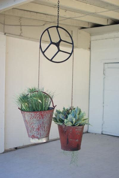 Repurposed Sewing Machine Pulley W/iron Buckets Scale