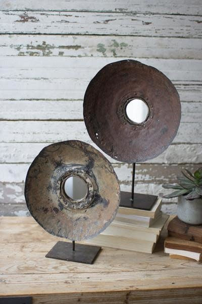 Set Of Two Repurposed Metal Mirrors On Stands